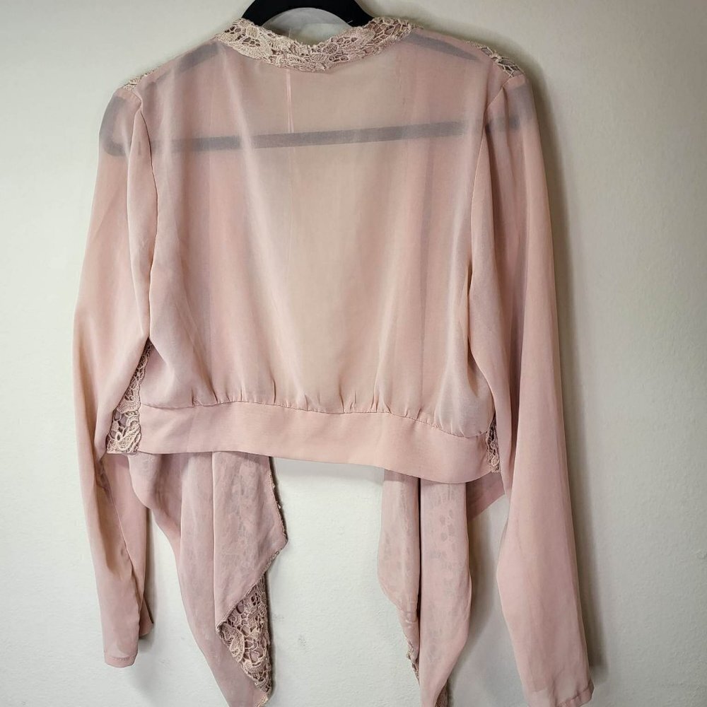 HAZEL Hazel Crochet Lace Front Half Jacket Chiffon Cardigan Long Sleeve Size M - Picture 6 of 8